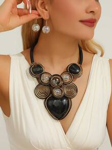 夸张的多层树脂吊坠，手工铝线编织串珠项链和耳环套装，时尚复古波西米亚风格，适合派对、婚礼、节日等场合。 - 黑色 - 查看 1