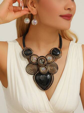 Exaggerated Multi-Layer Resin Pendant, Handmade Aluminum Wire Braided Beaded Necklace & Earrings, Fashionable Vintage Bohemian Style For Party, Wedding, Holiday