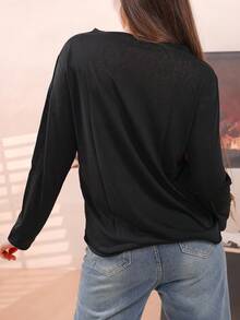 1pc Women's Fashionable & Versatile Knitted Lyocell Crew Neck Asymmetric Hem Tunic Top, Suitable For Casual Wear, Loungewear, Spring/Autumn - Black - View 2