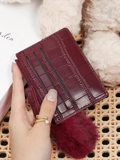 With A Pom-Pom Charm Wine Red Embossed Zipper PU Portable Zipper Ultra-Thin Minimalist Small 6-Card Pack Multi-Card Purse Fashion Men'S And Women'S Short Wallet Simple Daily Use For Women Mini Wallet Small Wallet Card Wallet