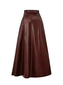 EARO Chic Chân váy maxi dáng chữ A màu nâu bằng da PU dành cho người có thân hình đầy đặn, cạp chun co giãn, kiểu dáng cơ bản cho mùa thu/đông. - màu nâu - Xem 3
