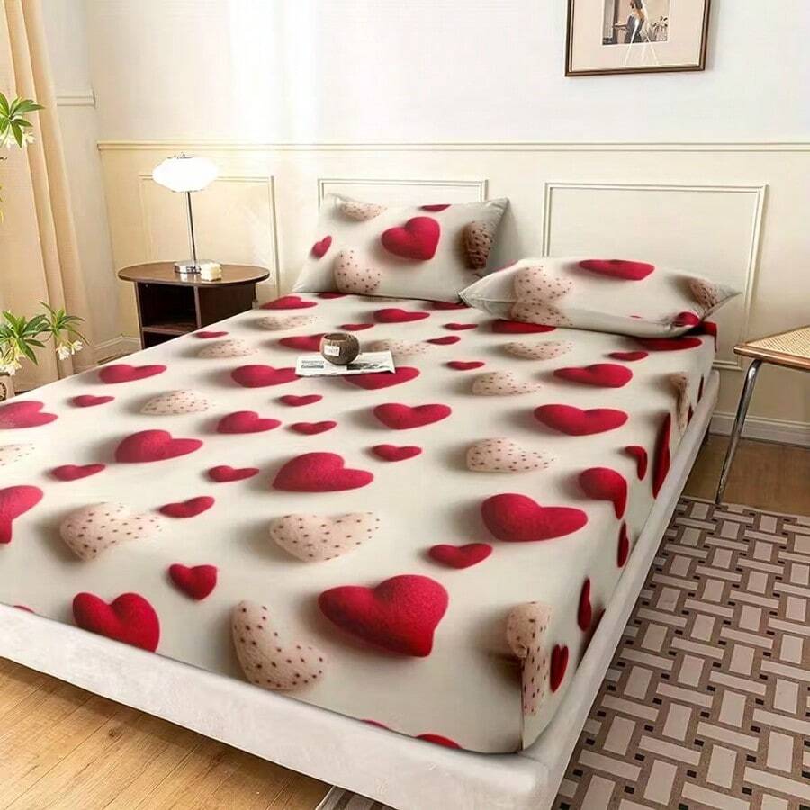 3pcs Heart-Shaped Valentine's Day Bedding Set (Includes 2 Pillowcases + 1 Fitted Sheet), 3D Edging, 360° Fitted Mattress, Skin-Friendly Fabric, Easy To Create A Tidy Bedroom, Anti-Slip Design, Elastic