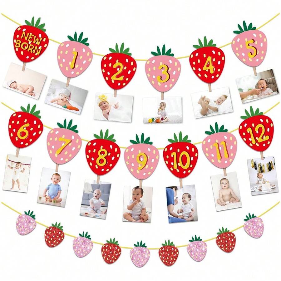 一套纸质草莓主题拉旗相框装饰横幅，水果主题生日派对装饰，宝宝一周岁生日横幅 - 彩色 - 查看 1