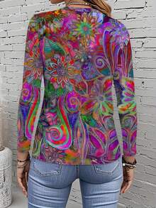 Women's Floral Print Long Sleeve T-Shirt - Vibrant Multicolor All-Over Design, Round Neck Casual Top, Machine Washable Spring/Fall Wardrobe Essential, Spring Fashion, Artistic Tee, Comfortable Fit, Print Blouse, Women - Mixed Color - 查看 2