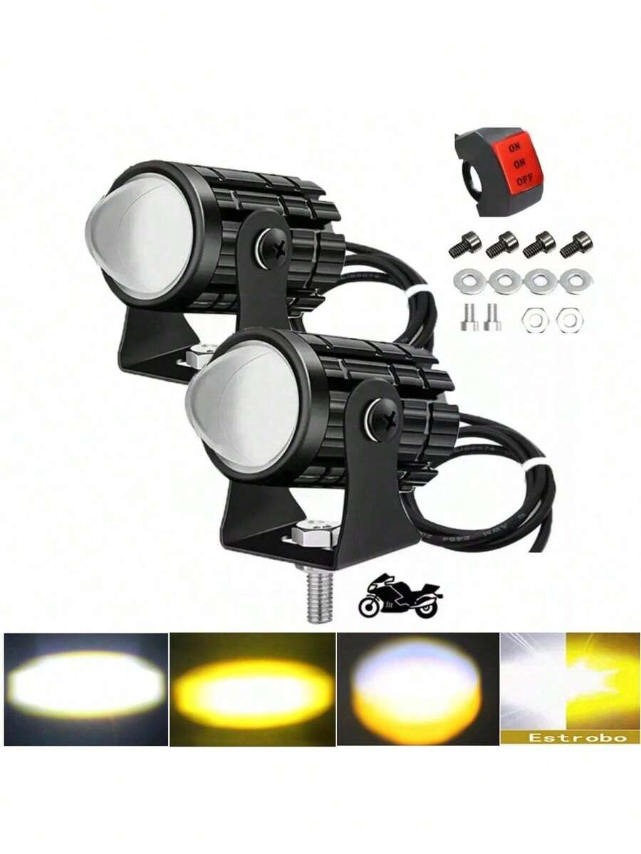 2-Piece Dual Color LED Headlights, 4 Modes, Waterproof Strobe Light With Switch For Motorcycles And Cars - Black - View 1