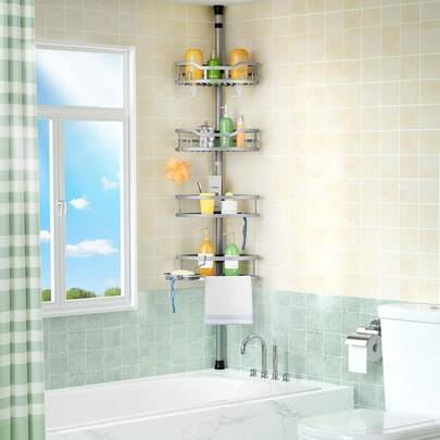 Holiday Party Accessory-HAMITOR Corner Shower Caddy Tension Pole: Rustproof 4-Tier Bathroom Organizer Shelves Bathtub Shampoo Storage - 47-121 Inch Quick Install Adjustable Rod Standing Rack With Soap Rack - Silver Gray-New Fashion