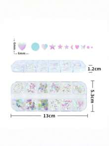 Caixa com 12 Compartimentos Glitter Iridescente de Sereia Transparente para Unhas, Lantejoulas Decorativas de Coração e Lua PET para Unhas DIY - Branco - Visão 6