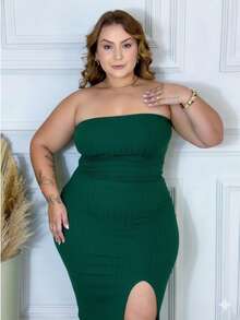 Sexy Green Plus Size Premium Ribbed Dress With Leg Slit - 墨綠色 - 查看 4