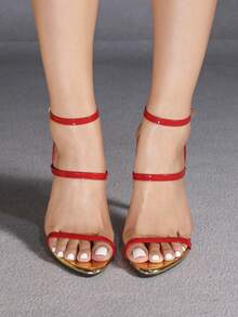 Jin Bei Qi Women's High Heel Shoes, Round Toe, Patent Leather, Color Block, Multi-Strap Criss-Cross Ankle Strap, Open Toe, Outdoor Party Stilettos, Elegant Fashion Heels, Suitable For All Seasons, Fashionable Party, Banquet, Romantic Formal Red High Heels - Red - View 6