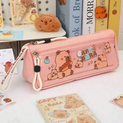 1pc Cute Cartoon Capybara Pencil Case, Large Capacity Student Stationery Bag, Fashionable High-Quality With Lining