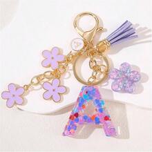 Llavero de Moda Letra Inicial, Llavero con Inicial de Resina, Dije para Bolso Mochilas, Regalo Personalizado para Mujer - Morado + A - Ver 3
