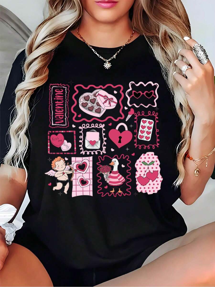 Mujer San Valentín Estampado con Corazones Cupido y Patos Moda Camiseta Negra Para Fiesta de Amor - Negro - Ver 1
