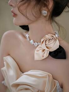 قلادة زهرة الشمبانيا الساتان الفرنسية الأنيقة قطعة واحدة، إكسسوار مجوهرات العروس، مناسبة لتصوير الزفاف، مواعيد الحديقة، العشاء الرومانسي، الحفلات، عيد الحب - متعدد الألوان - مشاهدة 8