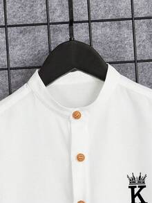 Young Boy Stand Collar Single-Breasted Shirt And Shorts Set - White - View 4