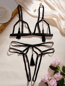 Bộ đồ lót nữ tua rua khoét rỗng gợi cảm bằng kim loại - màu đen - Xem 2