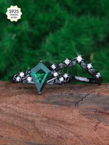 2 piezas Juego de anillos de plata esterlina S925 con esmeralda de laboratorio de 7*10mm y acentos de moissanita brillante, anillos de pareja elegantes y de moda, regalo ideal para el Día de San Valentín, Navidad, cumpleaños, vacaciones, propuesta de matrimonio - Negro - Ver 7