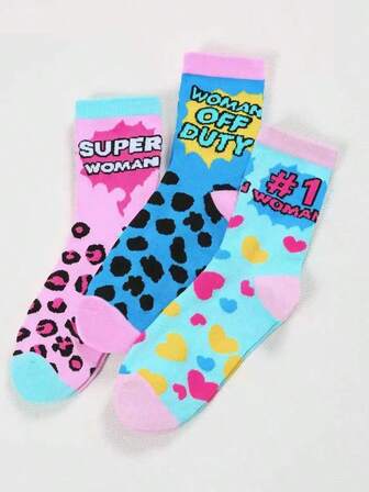 3 คู่ ถุงเท้าครึ่งแข้งลายพิมพ์เสือดาว, หัวใจ, ลายกราฟิกตัวอักษร, ชุดคอมโบผู้หญิงและผู้ชาย, ถุงเท้า