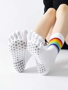 1 pereche șosete de yoga pentru femei, în culorile curcubeului, toamna, retro, Pilates, interior, anti-alunecare, profesionale, podea, șosete sport de agrement