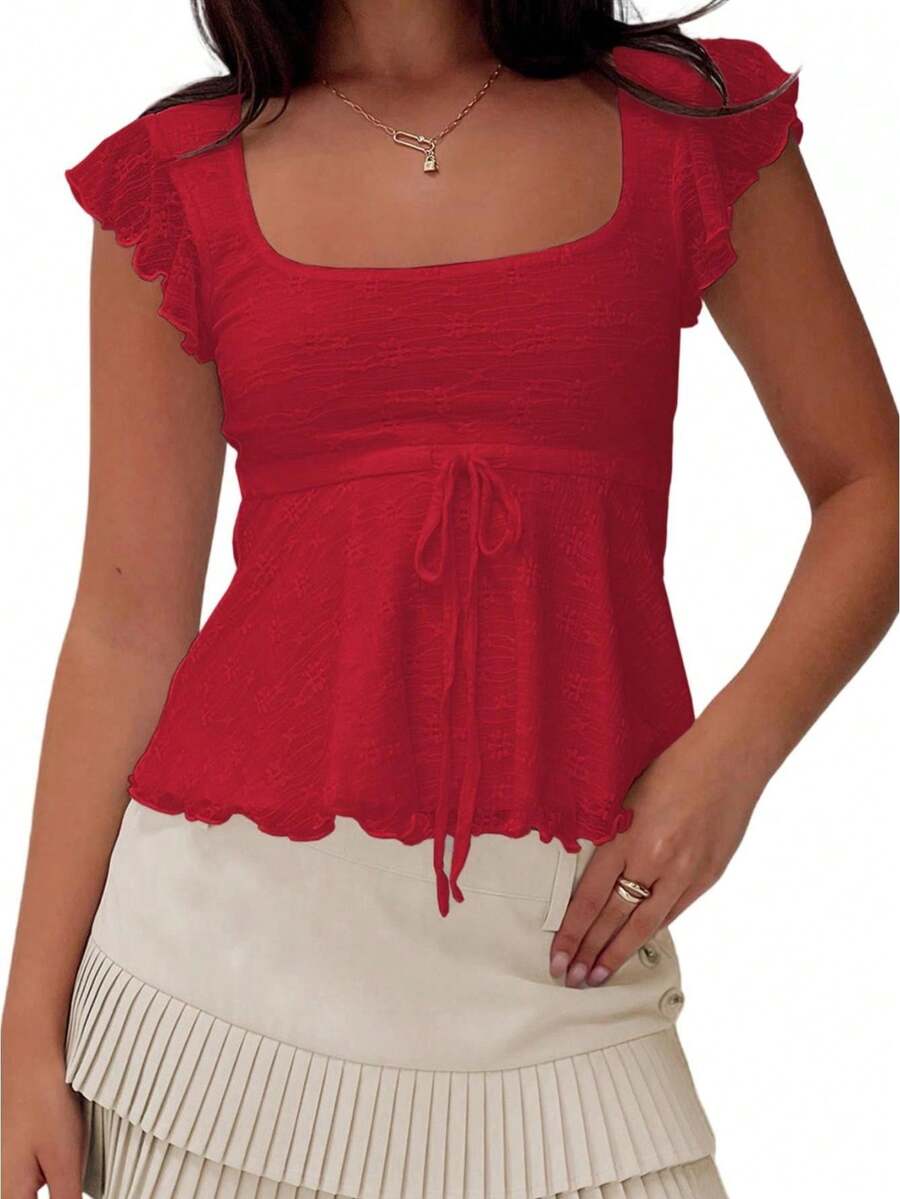 Women's Summer Slim Cropped Tops Flying Sleeve Square-Neck Tie Bow Front Jacquard T-Shirt - 紅色 - 查看 1