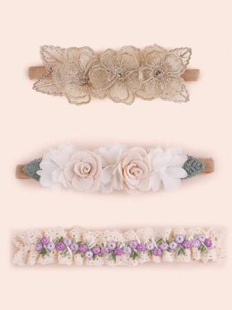 3ชิ้น/ชุด ที่คาดผมเด็กทารกประดับลูกไม้ลายดอกไม้ น่ารัก หวาน