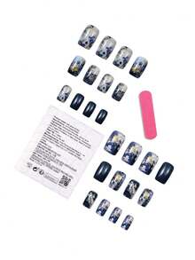 24片星夜银河深蓝色大理石纹短款按压式美甲贴片，带金色亮片和闪亮闪粉 - 寶藍色 - 查看 5