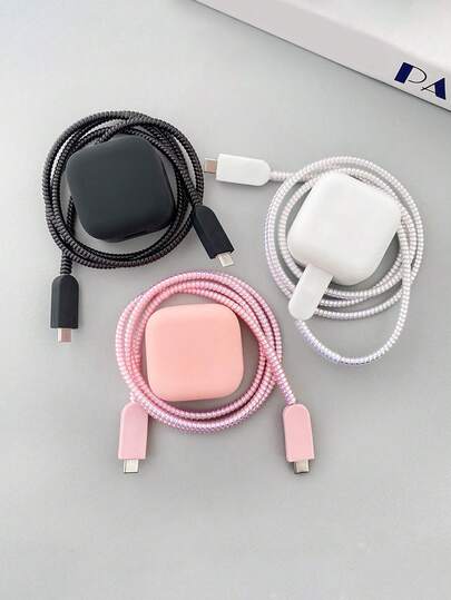 Set de 5 fundas protectoras de silicona de unicolor para cargador, compatibles con cable 17/40W, anti-doblado, rosa/negro/blanco