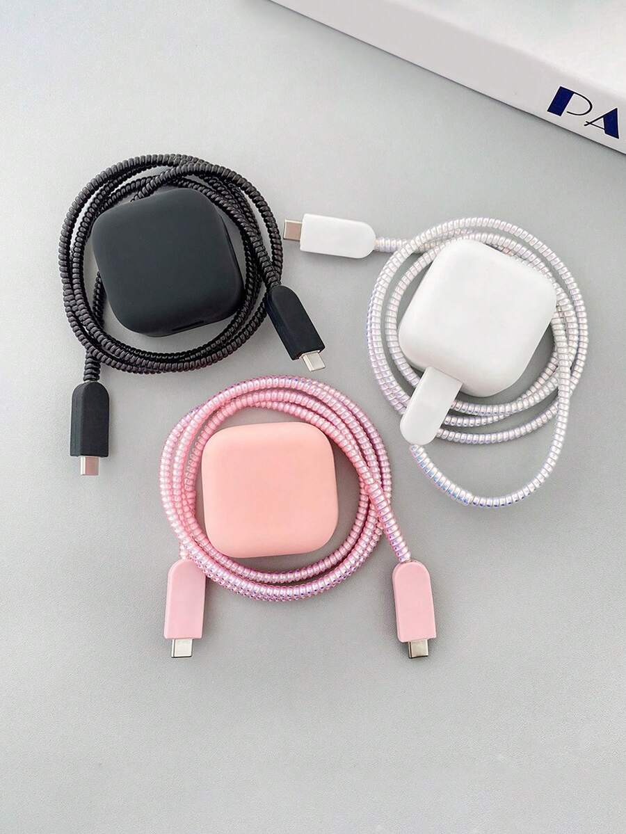 5pcs/Set Solid Color Silicone Charger Protector Covers, Compatible With IPhone 17/40W Cable, Anti-Bending, Pink/Black/White - Multicolor - View 1