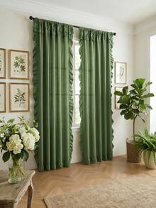 1pc Plain Voile Ruffle Edge Curtain, Nordic Luxury Solid Semi-Sheer Lightweight Soft Ruffle Edge Curtain, Suitable For Living Room, Bedroom, Party, Holiday, Home Decor - Green - View 3