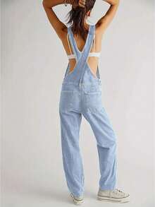 Solid Color Diagonal Pocket Overall Jumpsuit, Casual Adjustable Strap Sleeveless Cross Back Overall Jumpsuit - 淺色水洗藍 - 查看 3