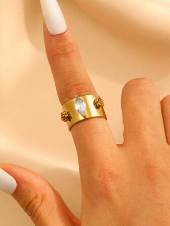 1枚时尚简约个性化宽水滴花朵仿水晶开口戒指，适合女性日常及节日佩戴