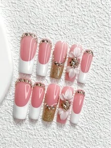 10片装优雅花卉美甲贴纸，手工美甲套装，香槟水晶美甲装饰，金白凝胶美甲，三种尺寸可选：杏仁形、鸭嘴形、棺材形，包含工具包，适合女性和女孩，适合派对、活动、日常佩戴，手工按压式美甲贴片 - 彩色 - 查看 15