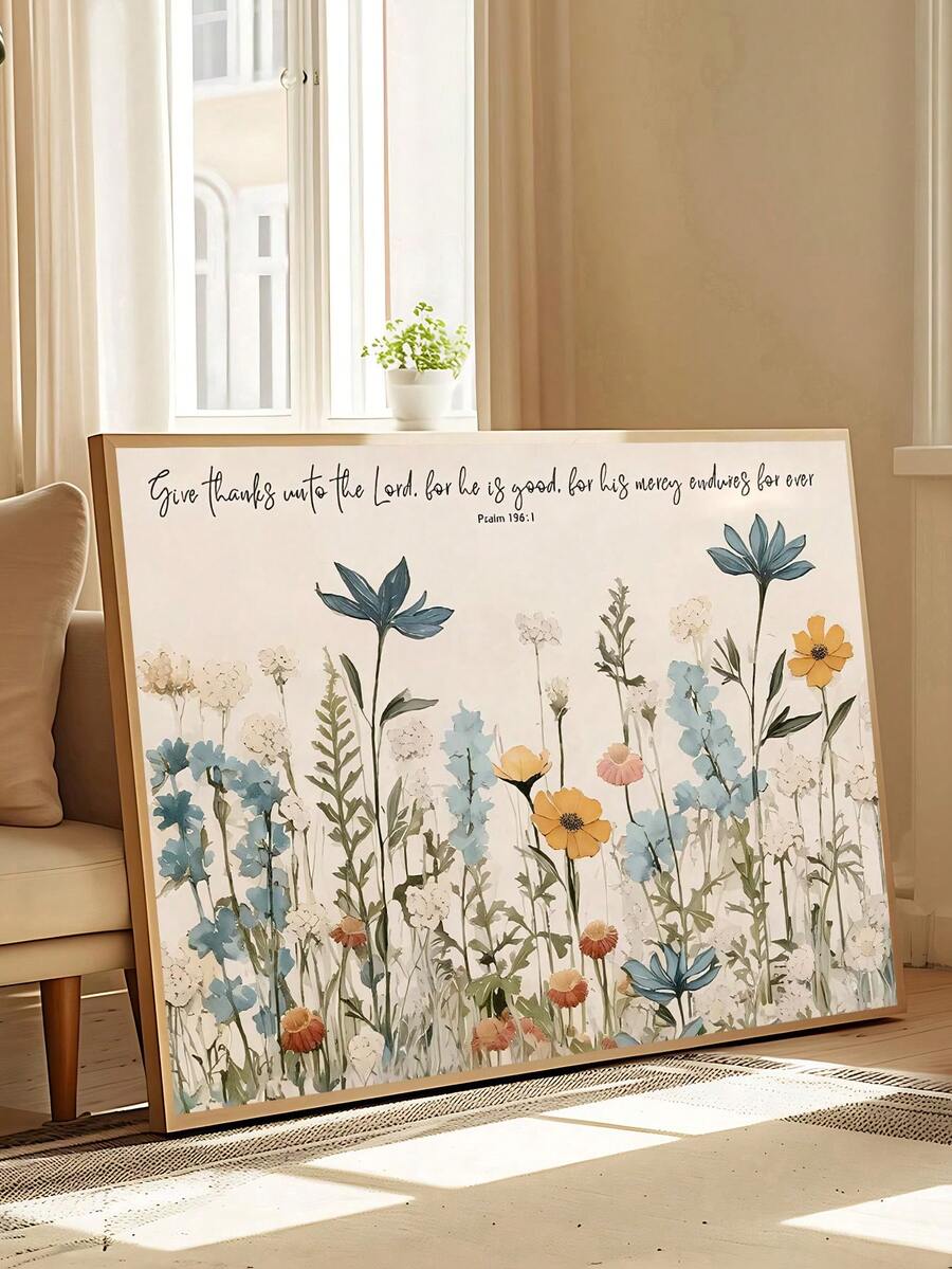 1pc Christian Scripture Wall Art, Psalm 136:1 Bible Verse Wildflower Rustic Religious Poster, Suitable For Bedroom,Living Room,Kitchen,Wall Arts,Wall Decor,Home Decor,Room Decor, Canvas Wall Art, Posters, Wall Art With Frame, Optional Frame ﻿ ﻿ - Multicolor - View 1