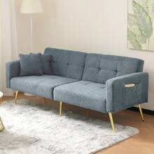 Convertible Sherpa Sofa Bed With Adjustable Backrest, Gold Metal Legs And Side Pockets - Blue + Foam + 2 Seat - View 3