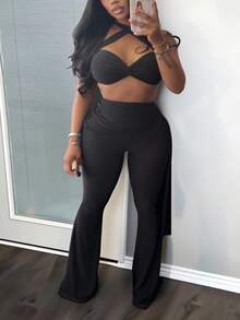 女士两件套，露背上衣和紧身裤，性感修身套装，适合约会、度假，时尚百搭 - 黑色 - 查看 5