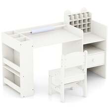 Kids Art Table & Chair Set W/Detachable Paper Roll Holder & Cubby Cabinet Drawer White - White - View 10