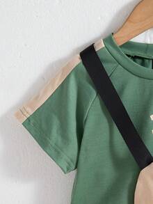 2pcs/Set Boys Casual Outgoing Fashion Contrast Color Letter Print Decor Raglan Sleeve Short Sleeve Top And Solid Color Shorts With Pouch, Spring/Summer - Green - View 4