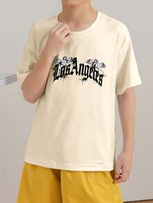 Tween Boys Casual Printed Black Crew Neck Short Sleeve T-Shirt, Summer Top - Apricot - View 2