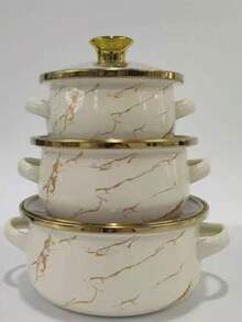 3pcs 12-16cm Thick Gold-Rimmed Enamel Mini Double-Ear Ramen Bowl/Pot/Casserole, Suitable For Gas Stove/Induction Cooker, Fit For Baby, Adult, Child, Can Be Used As Food Pot, Soup Pot, Seafood Pot, Ramen Pot, Great Helper For Valentine's Day, Ramadan, Eid Al-Fitr, Back To School, Easter Cooking