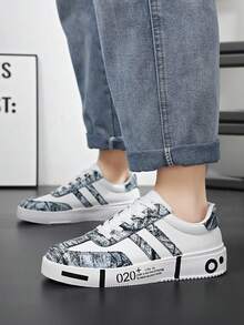 情侣休闲运动鞋，轻便百搭涂鸦印花户外训练鞋，时尚厚底舒适日常休闲鞋 - 白色 - 查看 3