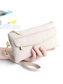 1件装极简主义女士手持钱包 韩版压纹格纹小钱包零钱包 复古男女通用商务休闲女士礼物钱包手提包长款钱包腕包女士钱包手拿包腕包 - 白色 - 查看 2