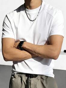 1件男士纯色优质柔软透气圆领短袖T恤，低调经典款式，可机洗，适合日常通勤和户外活动 - 白色 - 查看 2