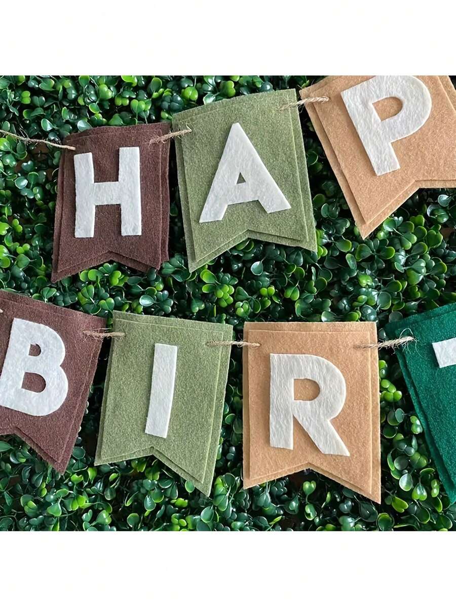 13件套DIY生日快乐横幅 – 毛毡三角旗 + 涤纶背景布，绿色和棕色字母 | 易于悬挂，是主题派对/生日派对的精美装饰品，室内/室外四季皆宜 - 彩色 - 查看 1