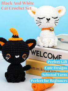Crochet Kit For Beginners, Crochet Animal Kit, 2PCS Cat Starters Crochet Kits Knitting Kit With Yarn, Crochet Hooks, Video Tutorials, Easy Crocheting For Adults Craft(Random Accessory Color) - Black and White - View 6