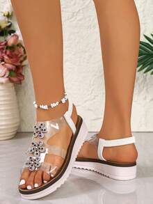 新款水钻透明厚底凉鞋，女士厚底仙女风罗马鞋，百搭沙滩鞋 - 白色 - 查看 5