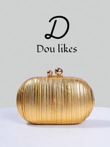 Shiny Pleated Mini Egg-Shaped Clutch Bag, Elegant Metal Double Pearl Snap Design, Suitable For Party Girls, Brides, College Students, Young Professionals, Parties, Celebrations, Weddings, With Metal Chain - Gold - View 10