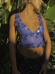 Women Y2K Sequin Camisole Sparkly Beaded Backless Tank Top Spaghetti Strap Low Cut Crop Cami Bling Deep V-Neck Disco Party  Vest Summer Going Out Top Nye Celebration Outfits Cocktail Attire - 藍色 - 查看 2