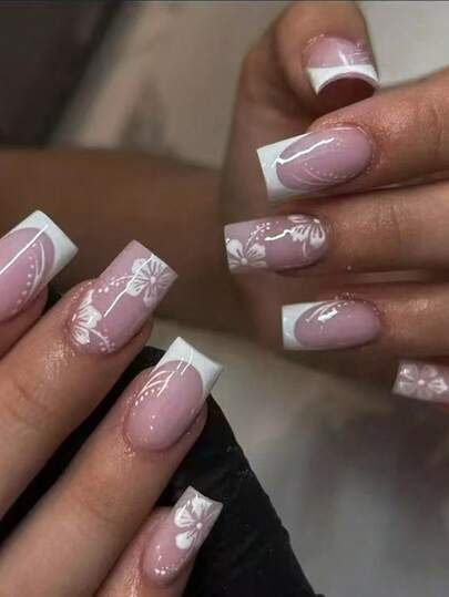 24pcs Square White French Tip Floral Nail Stickers, Acrylic Material, Perfect Fit, Medium Length Fake Nails Set, Includes: 1 Bottle Jelly Gel And 1 Nail File. Floral Nail Art Makes Your Fingertips Shine, Suitable For Parties, Dancing And Daily Use. Nail Supplies