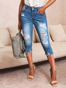 Ladies' Skinny Distressed Denim Capris - Medium Wash - View 4