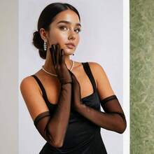 Guantes largos de color negro, guantes de pera de encaje, guantes de malla para mujer, guantes formales de tul de los aos 20, accesorios para fiestas de t, accesorios para fiestas de t, accesorios - inicial - Ver 3