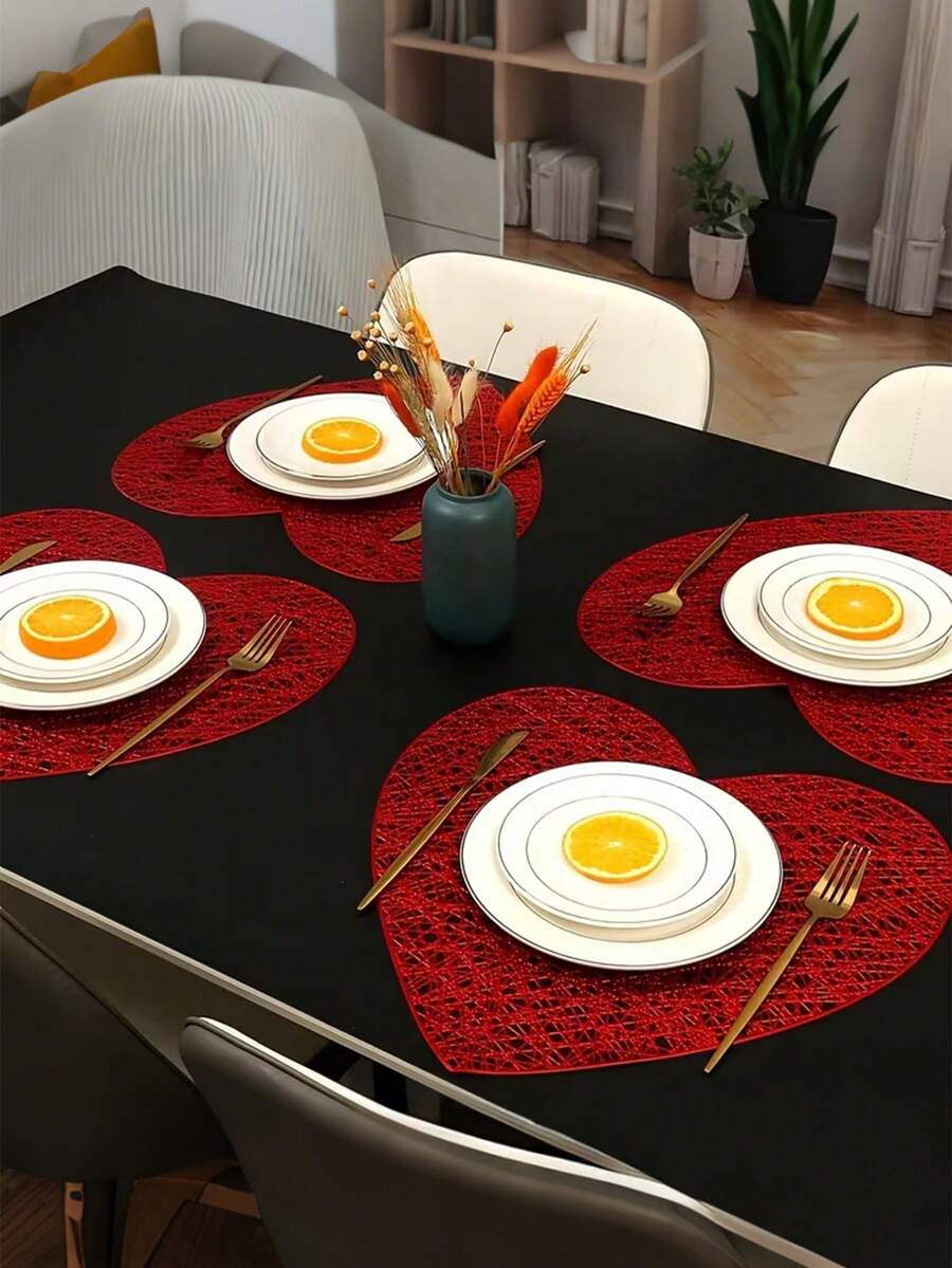 4 件装情人节心形餐垫 - 耐热防滑，适用于浪漫晚餐、婚礼、周年纪念、酒店和餐厅节日装饰，隔热餐垫，适用于家庭厨房餐桌 - 紅色 - 查看 1